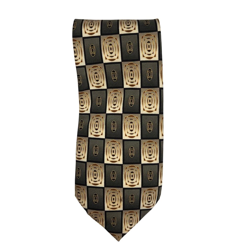 Croft&Barrow-Men's Tie 58" Long Gray-Green Cream Gold Geometric Necktie Design